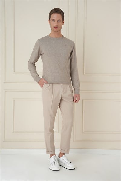 Slim Fit Çift Pileli Yanlardan Tokalı Esnek Pamuk Bej Pantolon P 1167