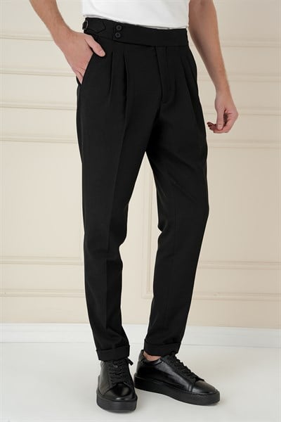 Slim Fit Çift Pileli Yanlardan Tokalı Esnek Pamuk Siyah Pantolon P 1167