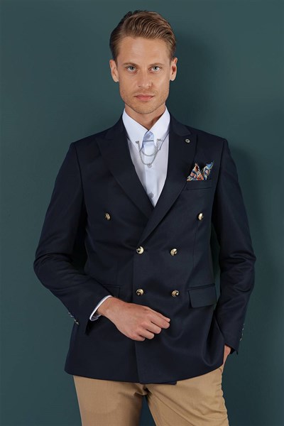 Slim Fit Çift Yırmaç Metal Düğmeli Lacivert Kruvaze Blazer Ceket C 657 