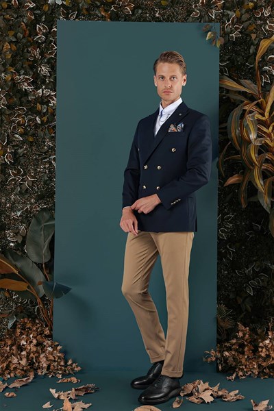 Slim Fit Çift Yırmaç Metal Düğmeli Lacivert Kruvaze Blazer Ceket C 657 