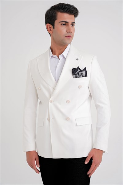 Slim Fit Çift Yırtmaç %100 Pamuk Gofre Kumaş Ekru Kruvaze Ceket C 646