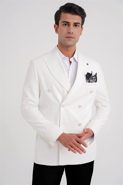 Slim Fit Çift Yırtmaç %100 Pamuk Gofre Kumaş Ekru Kruvaze Ceket C 646