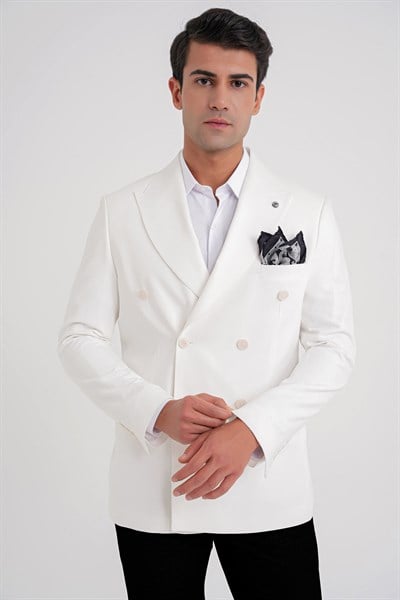 Slim Fit Çift Yırtmaç %100 Pamuk Gofre Kumaş Ekru Kruvaze Ceket C 646