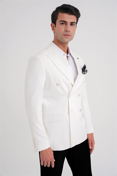 Slim Fit Çift Yırtmaç %100 Pamuk Gofre Kumaş Ekru Kruvaze Ceket C 646