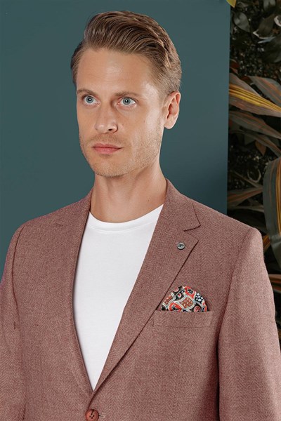 Slim Fit Çift Yırtmaç %100 Yün Balıksırtı Dokuma Gül Kurusu Ceket C 656