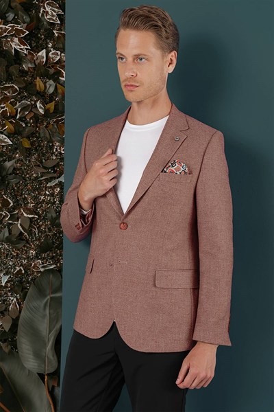 Slim Fit Çift Yırtmaç %100 Yün Balıksırtı Dokuma Gül Kurusu Ceket C 656