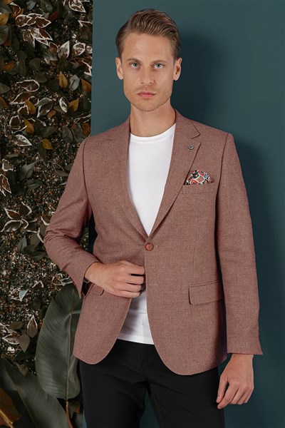 Slim Fit Çift Yırtmaç %100 Yün Balıksırtı Dokuma Gül Kurusu Ceket C 656
