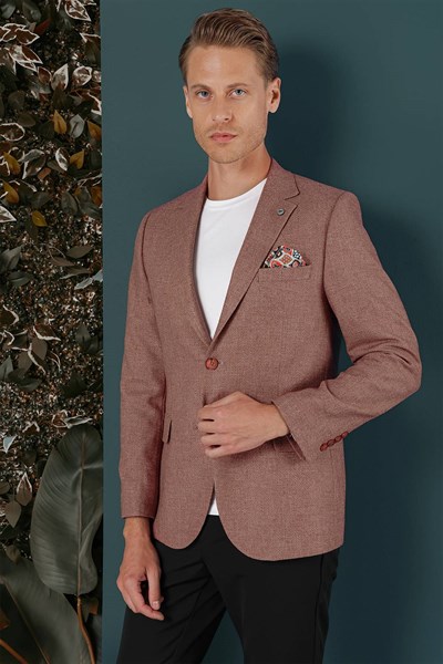 Slim Fit Çift Yırtmaç %100 Yün Balıksırtı Dokuma Gül Kurusu Ceket C 656