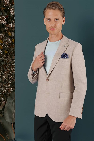 Slim Fit Çift Yırtmaç %100 Yün Balıksırtı Dokuma Bej Ceket C 656