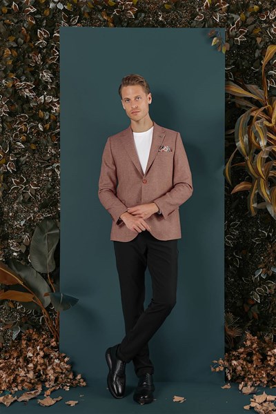 Slim Fit Çift Yırtmaç %100 Yün Balıksırtı Dokuma Gül Kurusu Ceket C 656