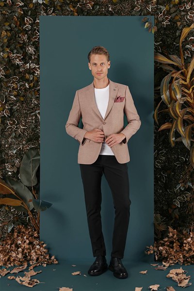 Slim Fit Çift Yırtmaç %100 Yün Balıksırtı Dokuma Tütün Ceket C 656