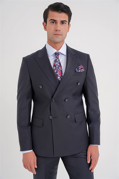 Slim Fit Çift Yırtmaç %95 Yün Esnek Lacivert Kruvaze Takım Elbise TK 929