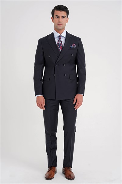 Slim Fit Çift Yırtmaç %95 Yün Esnek Lacivert Kruvaze Takım Elbise TK 929