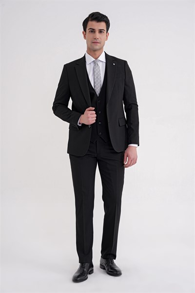 Slim Fit Çift Yırtmaç %97 Yün Esnek Siyah Yelekli Klasik Takım Elbise TK 937