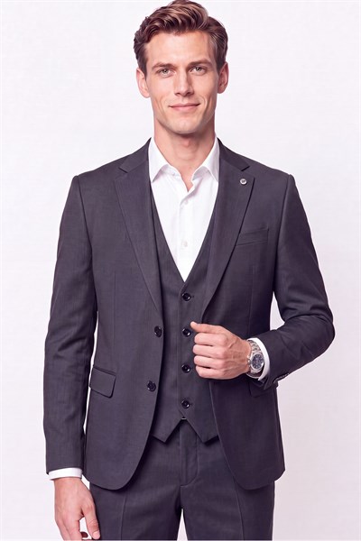 Slim Fit Çift Yırtmaç %97 Yünlü Doku Desenli Esnek Antrasit Yelekli Takım Elbise TK 927