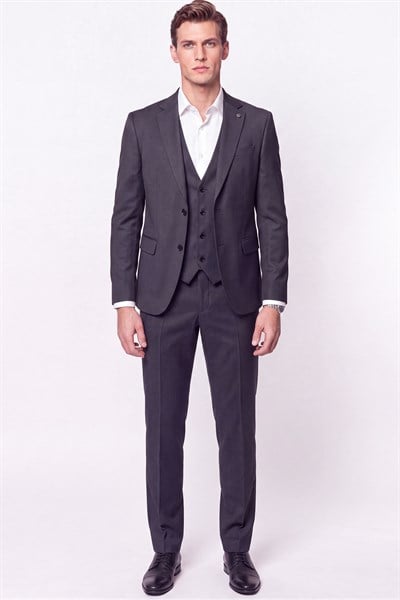 Slim Fit Çift Yırtmaç %97 Yünlü Doku Desenli Esnek Antrasit Yelekli Takım Elbise TK 927