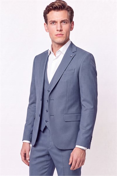 Slim Fit Çift Yırtmaç %97 Yünlü Doku Desenli Esnek Mavi Yelekli Takım Elbise TK 927