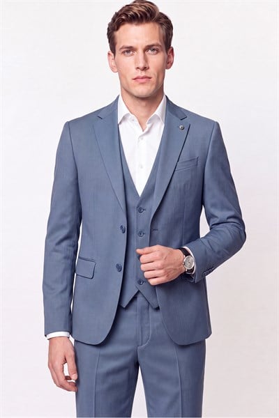 Slim Fit Çift Yırtmaç %97 Yünlü Doku Desenli Esnek Mavi Yelekli Takım Elbise TK 927