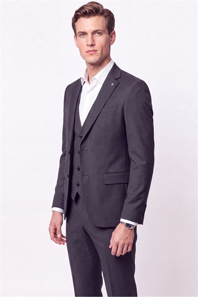 Slim Fit Çift Yırtmaç %97 Yünlü Doku Desenli Esnek Antrasit Yelekli Takım Elbise TK 927