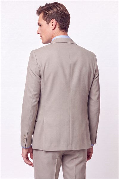 Slim Fit Çift Yırtmaç %97 Yünlü Doku Desenli Esnek Bej Yelekli Takım Elbise TK 927