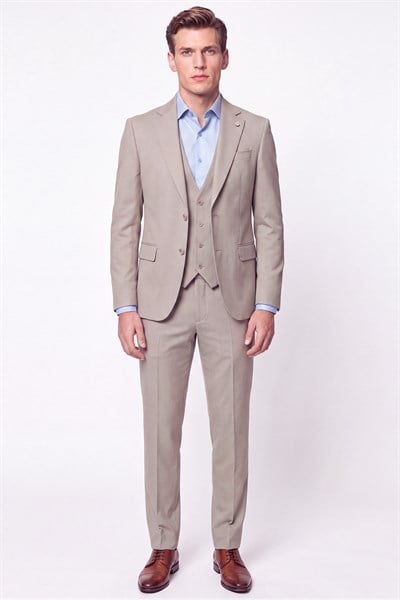 Slim Fit Çift Yırtmaç %97 Yünlü Doku Desenli Esnek Bej Yelekli Takım Elbise TK 927