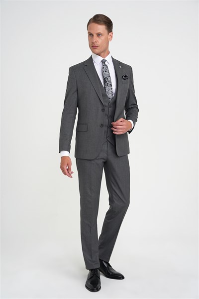 Slim Fit Çift Yırtmaç Balıksırtı Desenli Yelekli Füme Takım Elbise Tk 923