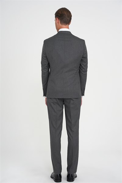 Slim Fit Çift Yırtmaç Balıksırtı Desenli Yelekli Füme Takım Elbise Tk 923