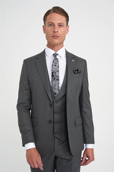 Slim Fit Çift Yırtmaç Balıksırtı Desenli Yelekli Füme Takım Elbise Tk 923