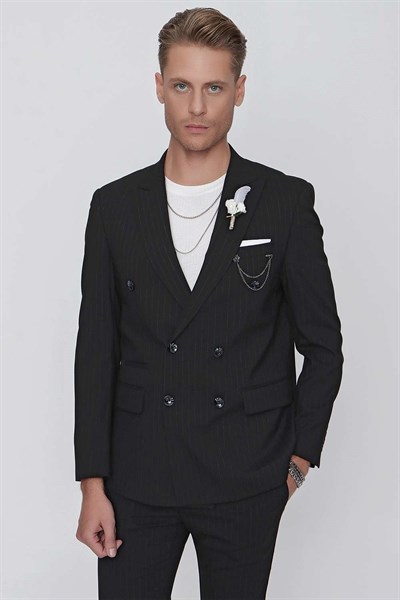 Slim Fit Çift Yırtmaç Çizgili Esnek Siyah Kruvaze Ceket C 622