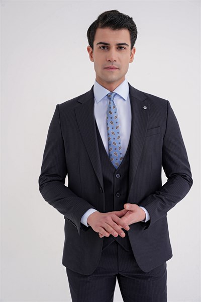 Slim Fit Çift Yırtmaç Çizgili Esnek Yünlü Lacivert Yelekli Klasik Takım Elbise TK 935