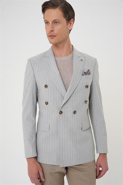 Slim Fit Çift Yırtmaç Çizgili Esnek Yünlü Kruvaze Gri Ceket C 704