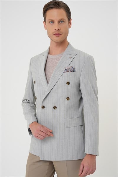 Slim Fit Çift Yırtmaç Çizgili Esnek Yünlü Kruvaze Gri Ceket C 704