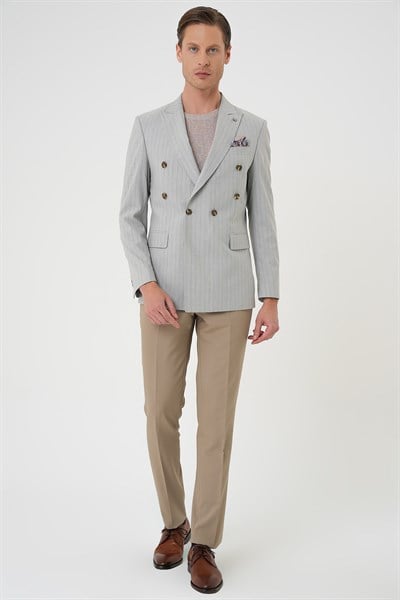 Slim Fit Çift Yırtmaç Çizgili Esnek Yünlü Kruvaze Gri Ceket C 704