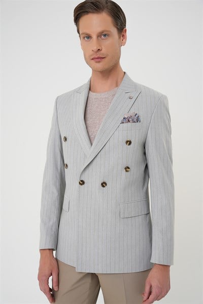 Slim Fit Çift Yırtmaç Çizgili Esnek Yünlü Kruvaze Gri Ceket C 704