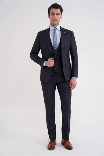 Slim Fit Çift Yırtmaç Çizgili Esnek Yünlü Lacivert Yelekli Klasik Takım Elbise TK 935