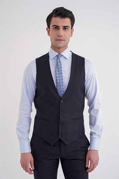 Slim Fit Çift Yırtmaç Çizgili Esnek Yünlü Lacivert Yelekli Klasik Takım Elbise TK 935