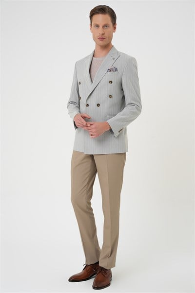 Slim Fit Çift Yırtmaç Çizgili Esnek Yünlü Kruvaze Gri Ceket C 704