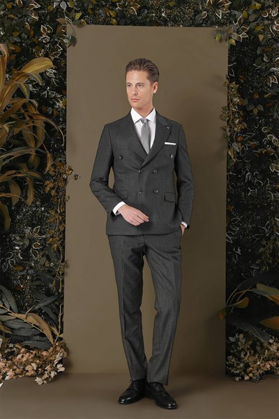 Slim Fit Çift Yırtmaç Çizgili Füme Kruvaze Takım Elbise TK 884