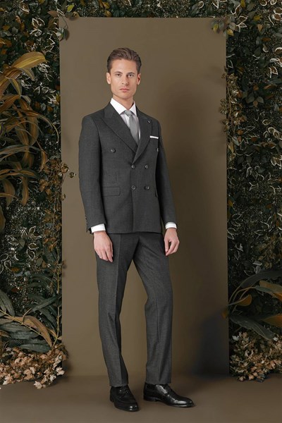 Slim Fit Çift Yırtmaç Çizgili Füme Kruvaze Takım Elbise TK 884