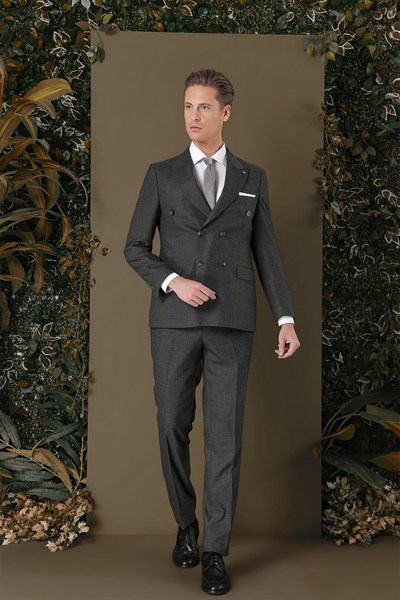 Slim Fit Çift Yırtmaç Çizgili Füme Kruvaze Takım Elbise TK 884