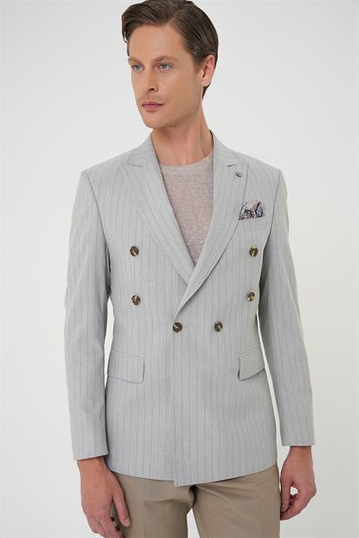 Slim Fit Çift Yırtmaç Çizgili Kruvaze Casual Gri Ceket C 704