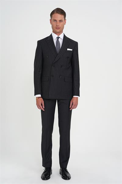 Slim Fit Çift Yırtmaç Çizgili Kruvaze Klasik Antrasit Takım Elbise Tk 925