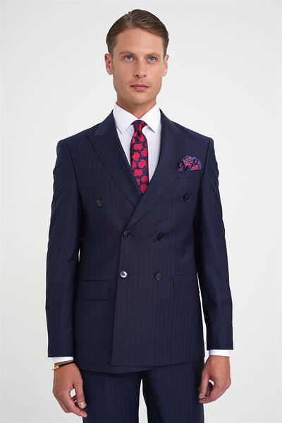 Slim Fit Çift Yırtmaç Çizgili Kruvaze Klasik Lacivert Takım Elbise Tk 925