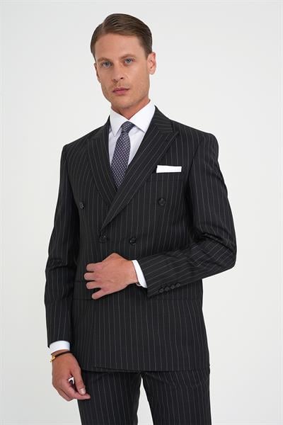 Slim Fit Çift Yırtmaç Çizgili Kruvaze Klasik Antrasit Takım Elbise Tk 925