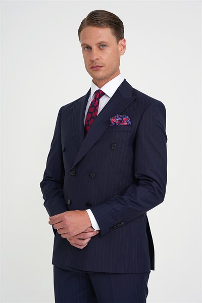 Slim Fit Çift Yırtmaç Çizgili Kruvaze Klasik Lacivert Takım Elbise Tk 925