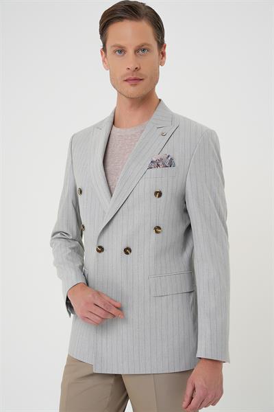 Slim Fit Çift Yırtmaç Çizgili Kruvaze Casual Gri Ceket C 704