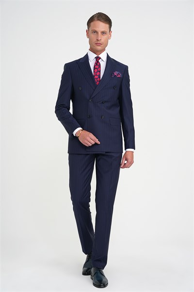 Slim Fit Çift Yırtmaç Çizgili Kruvaze Klasik Lacivert Takım Elbise Tk 925