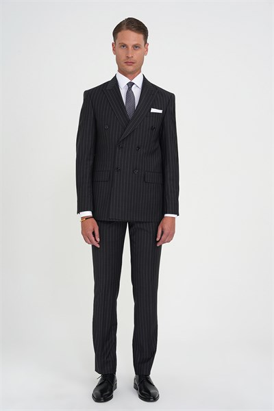 Slim Fit Çift Yırtmaç Çizgili Kruvaze Klasik Antrasit Takım Elbise Tk 925