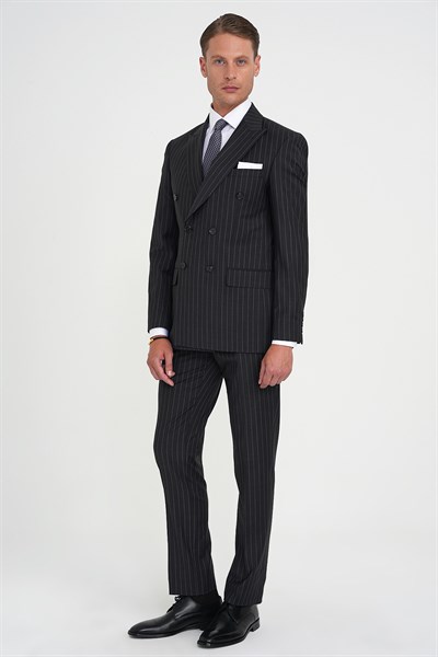Slim Fit Çift Yırtmaç Çizgili Kruvaze Klasik Antrasit Takım Elbise Tk 925