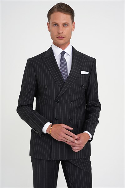 Slim Fit Çift Yırtmaç Çizgili Kruvaze Klasik Antrasit Takım Elbise Tk 925